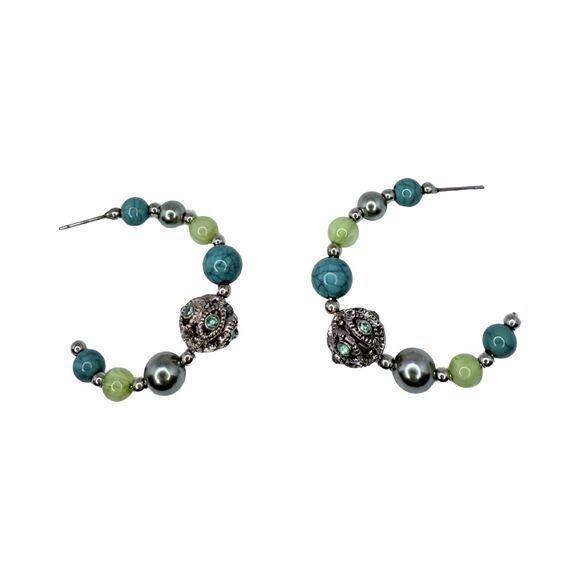 Blue Beaded Half Hoop Earrings 1.5" Silver Tone Bohemian Southwestern Native - Picture 3 of 12